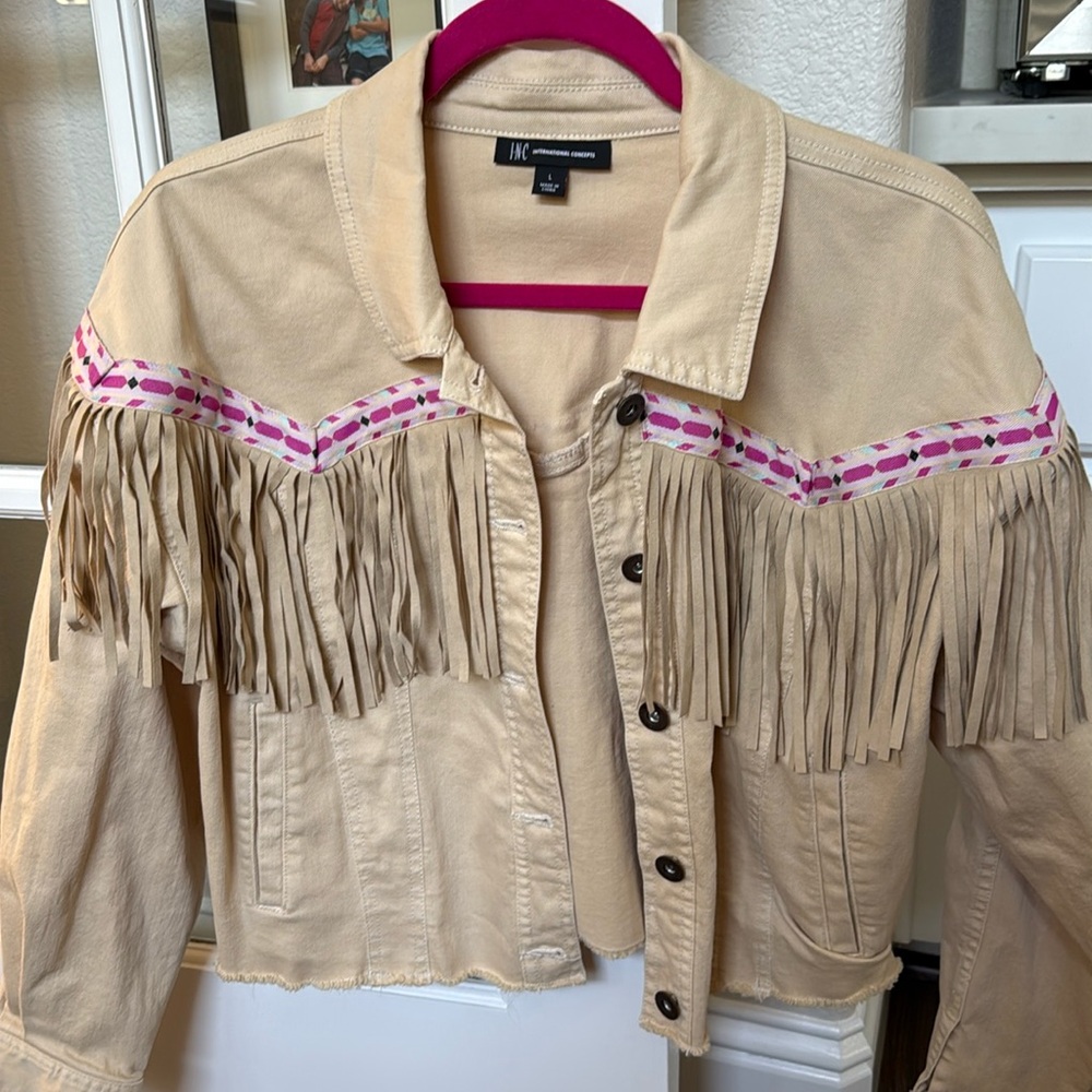 Denim/chino fringe jacket size L tan and pink
